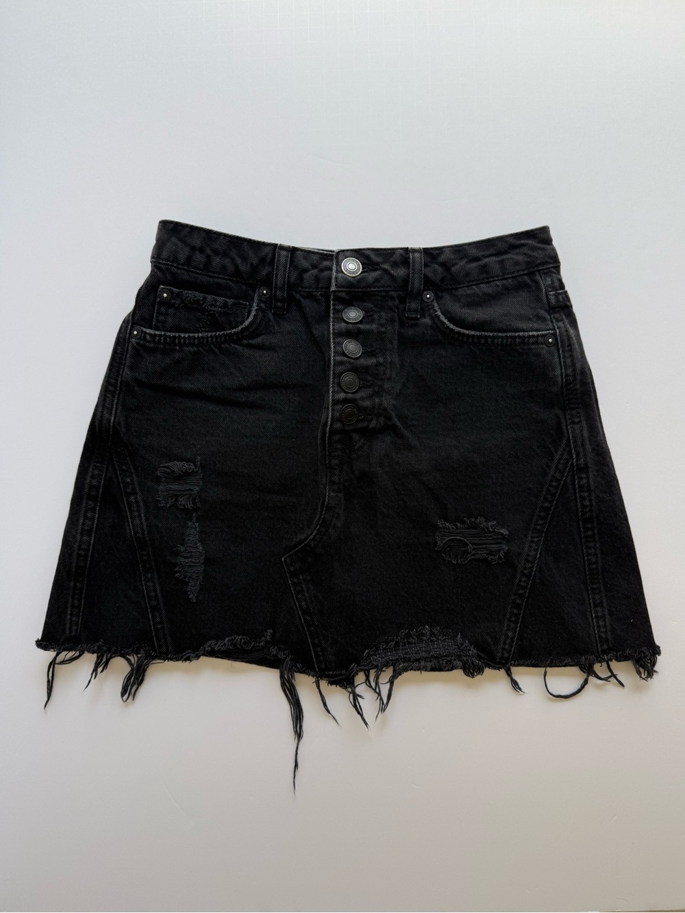 WE THE FREE Black Distressed Denim Mini Skirt